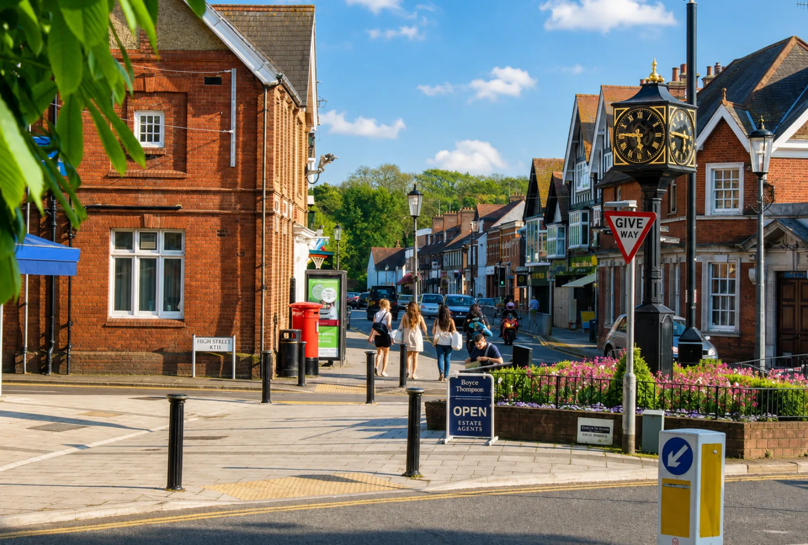 Cobham village centre and its ornate clock, Surrey