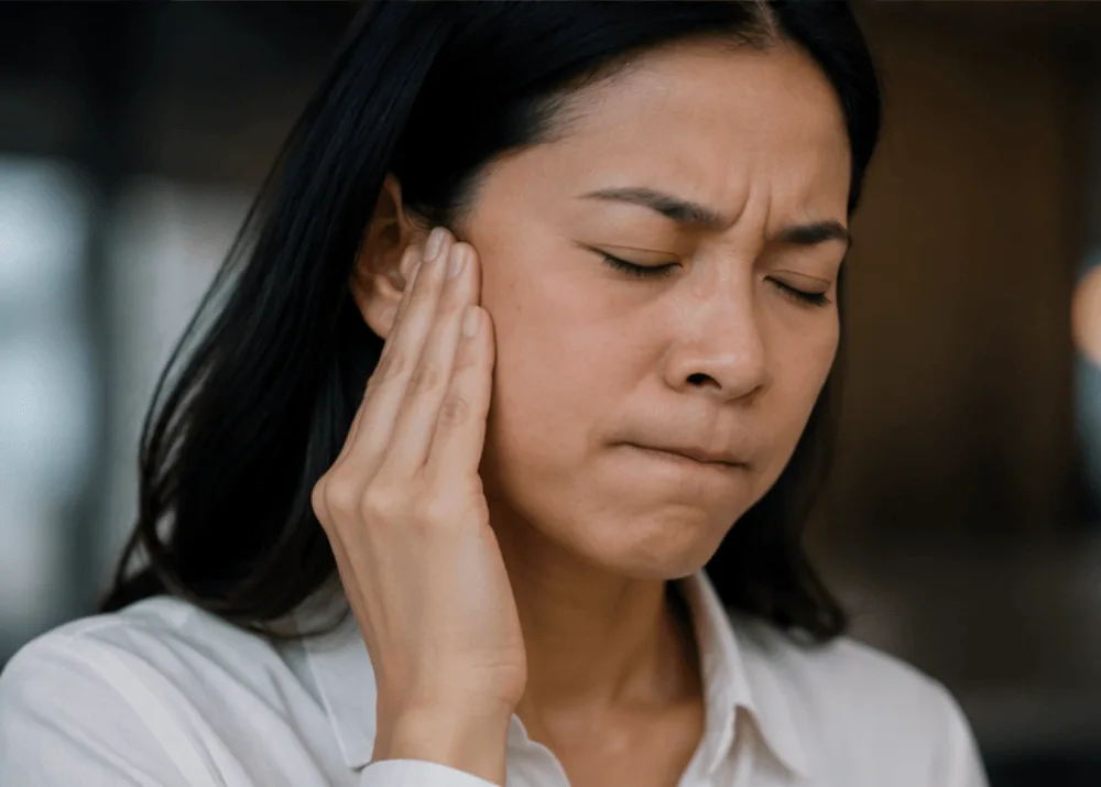 A woman holding a sore, aching jaw, the tension bruxism treatment relieves