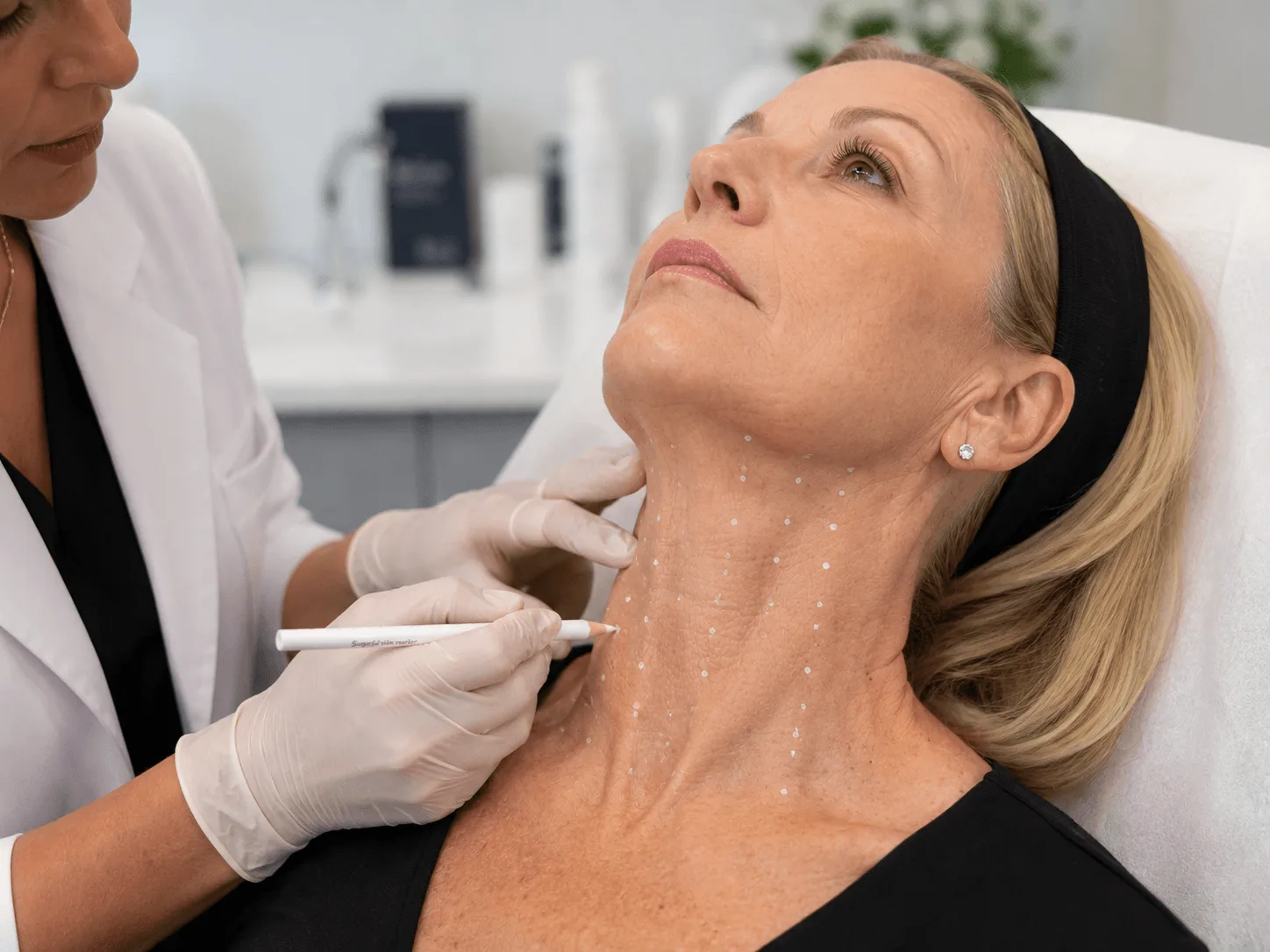 Dr Yasmin marking the platysmal bands before neck treatment
